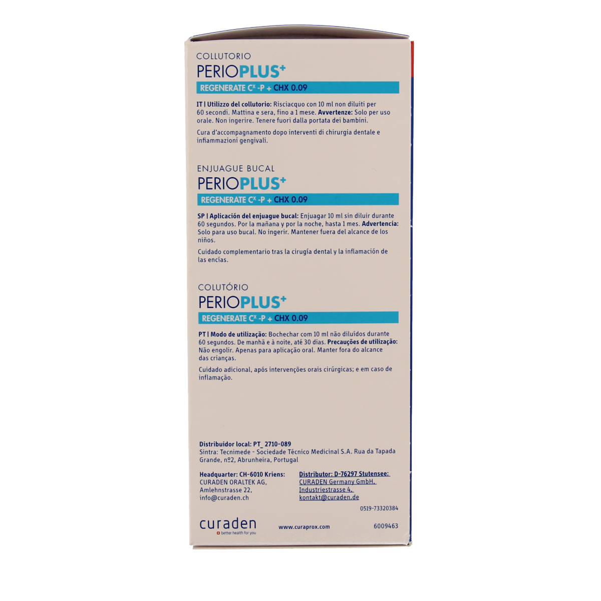 Curaprox Perio plus+ regenerate CHX 0.09 mouthwash bottle, 200ml, antiseptic oral rinse for gum health.