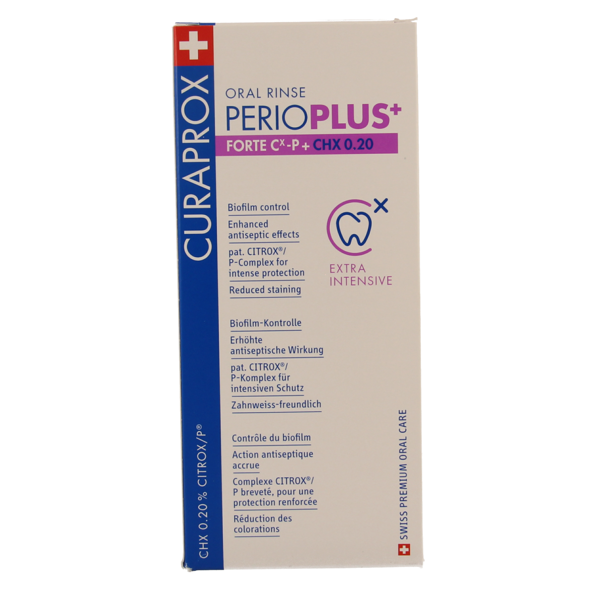 Curaprox Perio plus+ forte CHX 0.20 mouth rinse in a 200ml bottle, used for oral health and periodontal care.