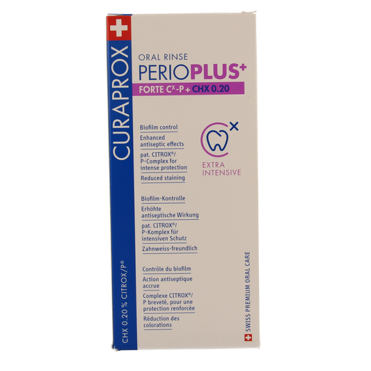 Curaprox Perio plus+ forte CHX 0.20 mouth rinse in a 200ml bottle, used for oral health and periodontal care.