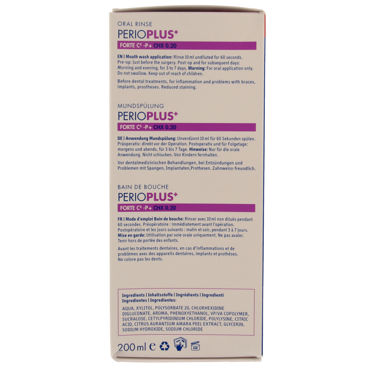 Curaprox Perio plus+ Forte CHX 0.20 mouthwash in 200 ml bottle, antimicrobial oral rinsing solution for gum health.