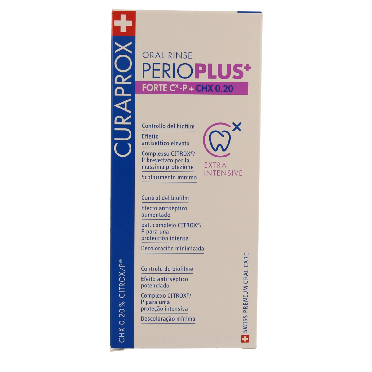 Curaprox Perio plus+ forte CHX 0.20 mouth rinse in a 200ml bottle, antiseptic oral care product with mouthwash solution.