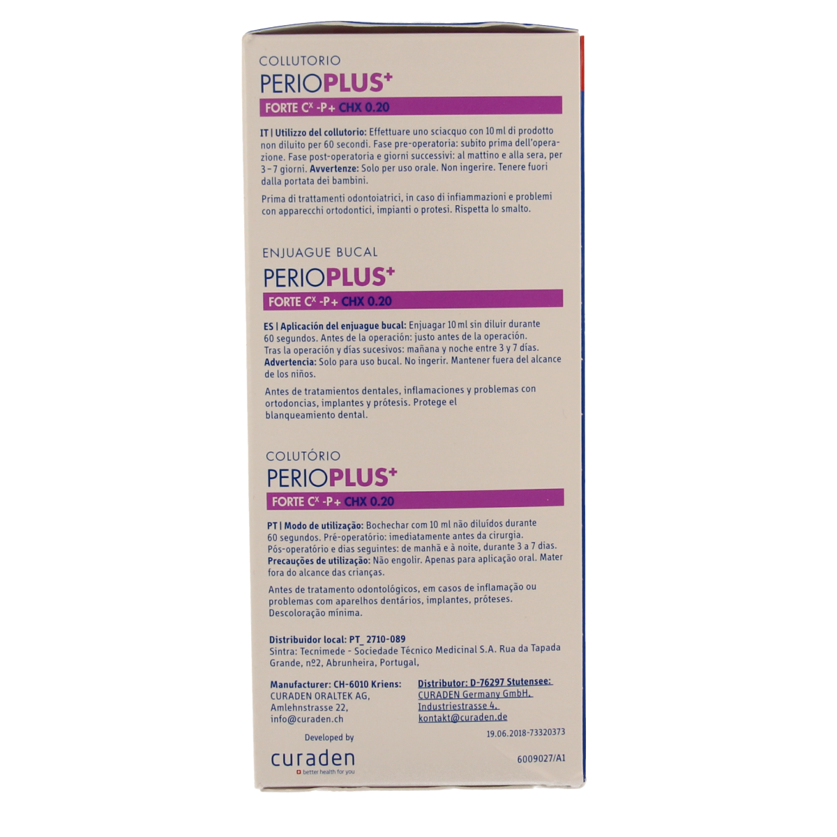 Curaprox Perio plus+ forte CHX 0.20 mouth rinse in a 200ml bottle, antiseptic oral care product with antimicrobial properties.