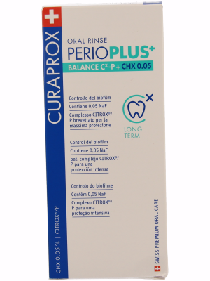 Curaprox Perio plus+ balance CHX 0.05 mouth rinse in a 200ml bottle, used for oral hygiene and gum health.