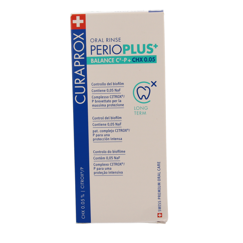 Curaprox Perio plus+ balance CHX 0.05 mouth rinse in 200ml bottle, antiseptic oral hygiene product for gum health.