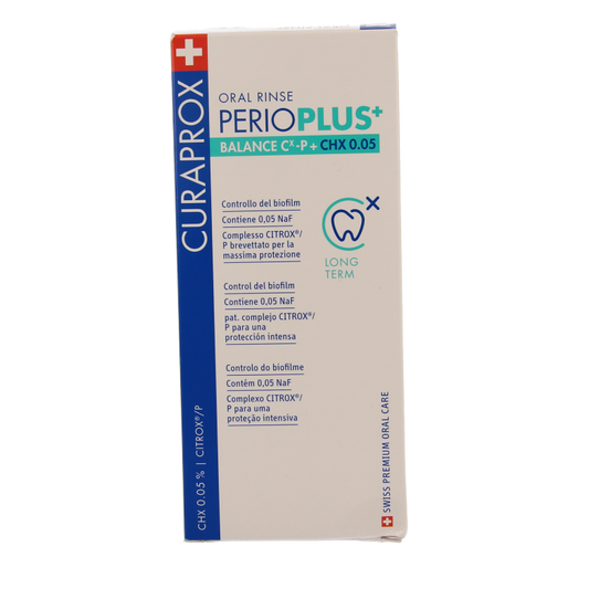 Curaprox Perio plus+ balance CHX 0.05 mouth rinse in 200ml bottle, antiseptic oral hygiene product for gum health.