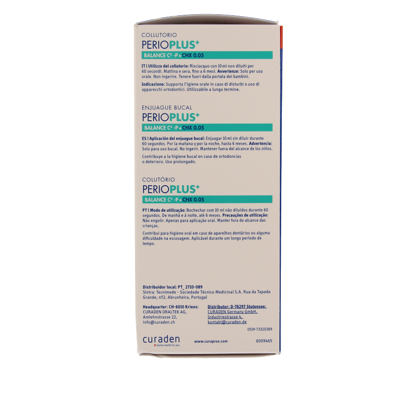 Curaprox Perio plus+ balance CHX 0.05 mouthwash in a 200ml bottle, designed for oral hygiene and gum health.