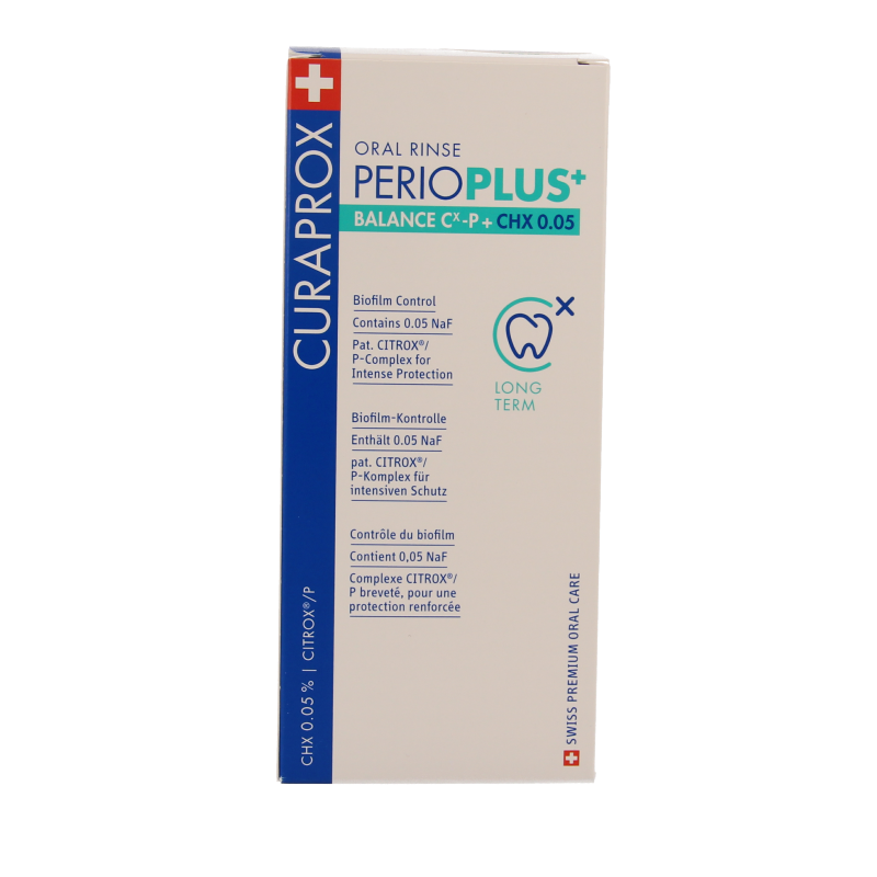 Curaprox Perio plus+ balance CHX 0.05 mouth rinse in a 200ml bottle, designed for oral hygiene and gum health.