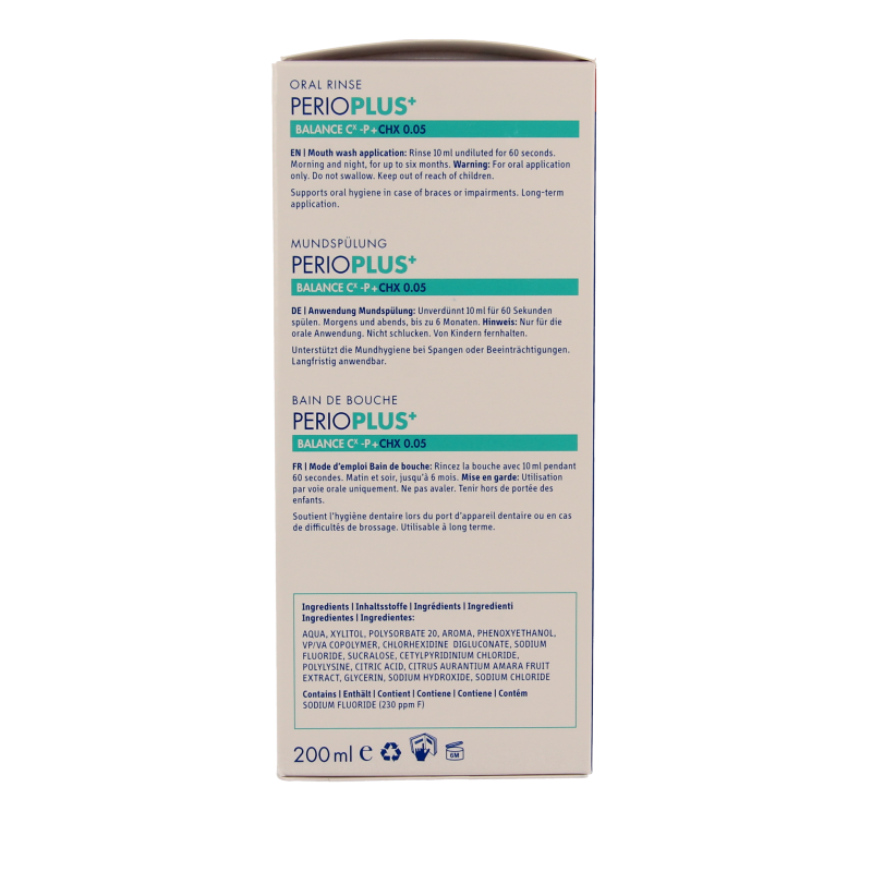 Curaprox Perio plus+ balance CHX 0.05 mouthwash in a 200ml bottle, designed for oral hygiene and gum health.