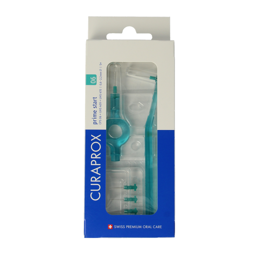 Curaprox CPS 06 Prime Rager Start Set with tandenstokers and ragers for dental cleaning, displayed in a white packaging.
