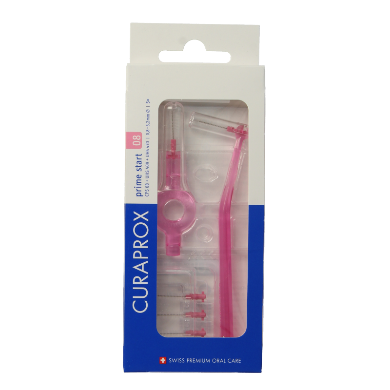 Curaprox CPS 08 Prime Rager Start Set of 5 dental flossers and oral care tools, designed for effective teeth and gum cleaning.
