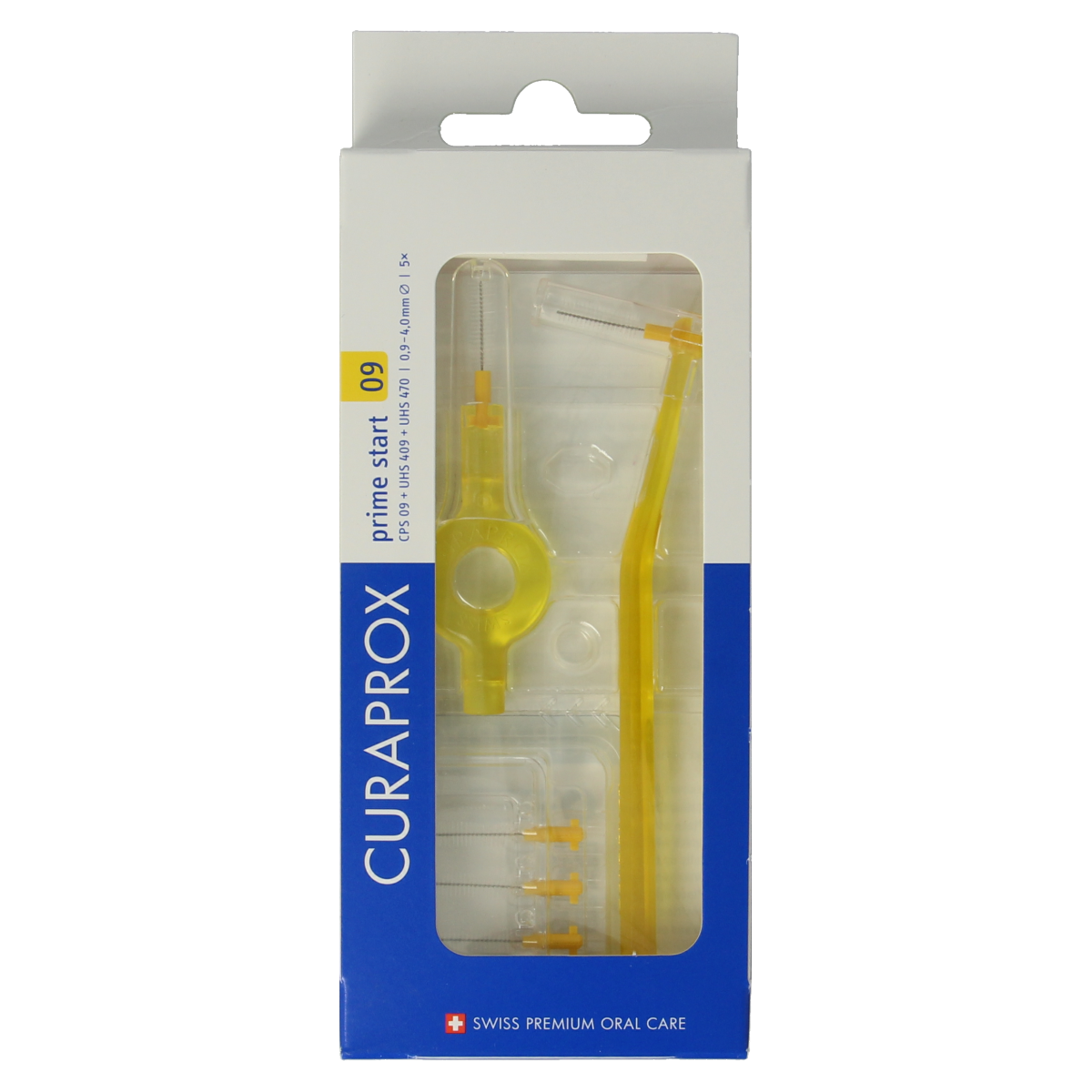 Curaprox CPS 09 prime rager start set with 5 dental interdental brushes, designed for effective cleaning between teeth.