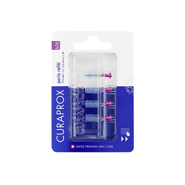Curaprox CPS 406 perio rager refill set for oral care, featuring a dental cleaning tool and replacement heads.