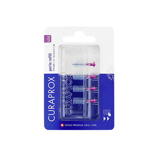 Curaprox CPS 406 perio rager refill set for oral care, featuring a dental cleaning tool and replacement heads.