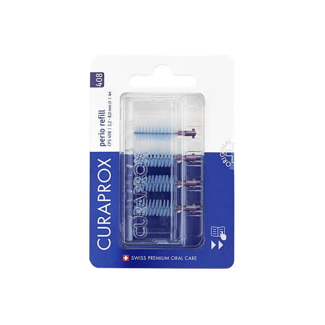 Curaprox CPS 408 perio rager navulling set for dental care, featuring replacement tips for professional oral hygiene.