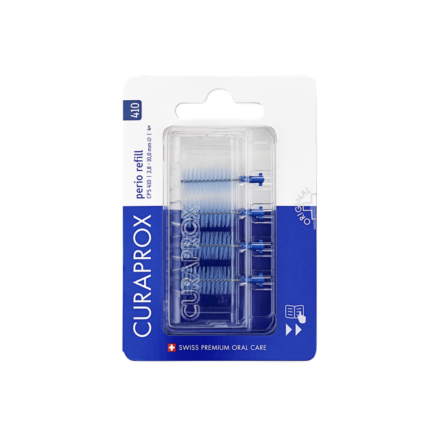 Curaprox CPS 410 perio rager navulling set for periodontal care, featuring replacement tips for dental hygiene.