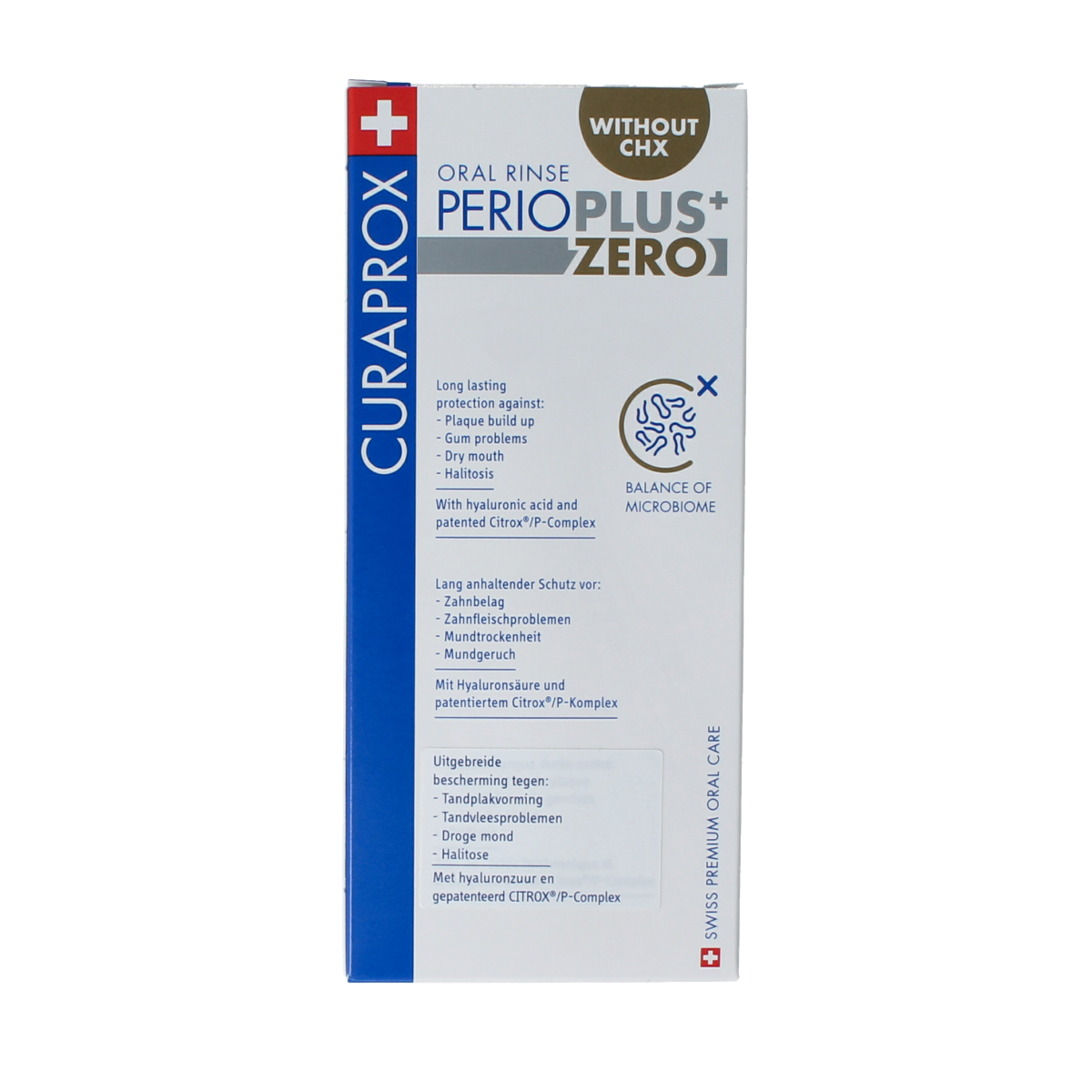 Curaprox Perio plus+ zero CHX mouth rinse in 200ml bottle, gentle oral care product for healthy gums and fresh breath.