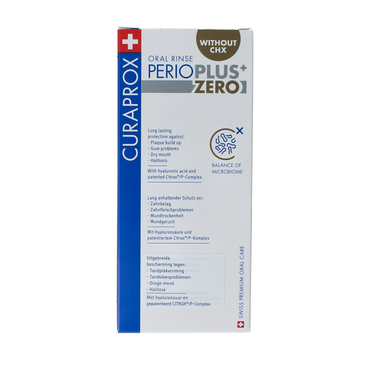Curaprox Perio plus+ zero CHX mouth rinse in 200ml bottle, gentle oral care product for healthy gums and fresh breath.