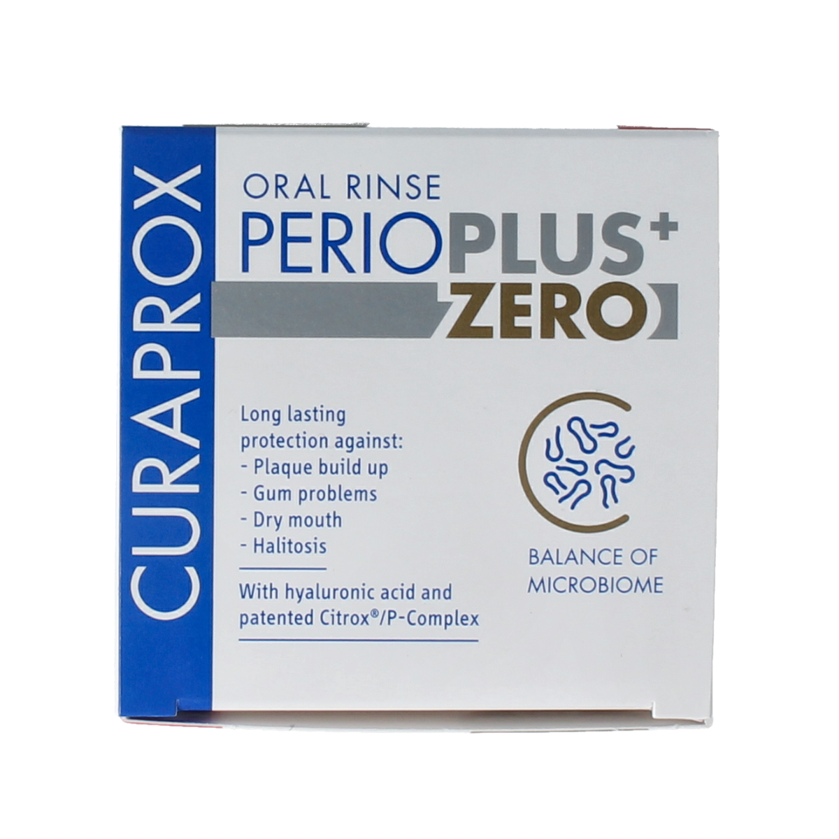 Curaprox Perio plus+ zero mouth rinse, alcohol-free and chlorhexidine-free, in a 200ml bottle for oral hygiene.