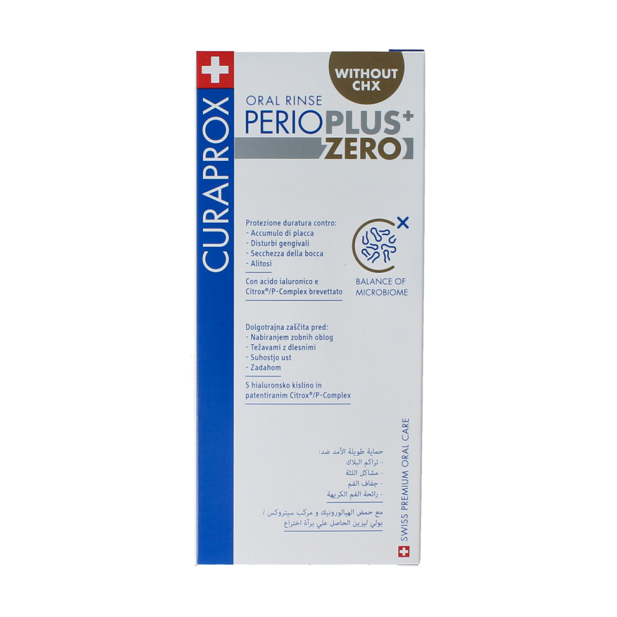 Curaprox Perio plus+ zero CHX mouth rinse in a 200ml bottle, gentle oral care product for healthy gums and fresh breath.