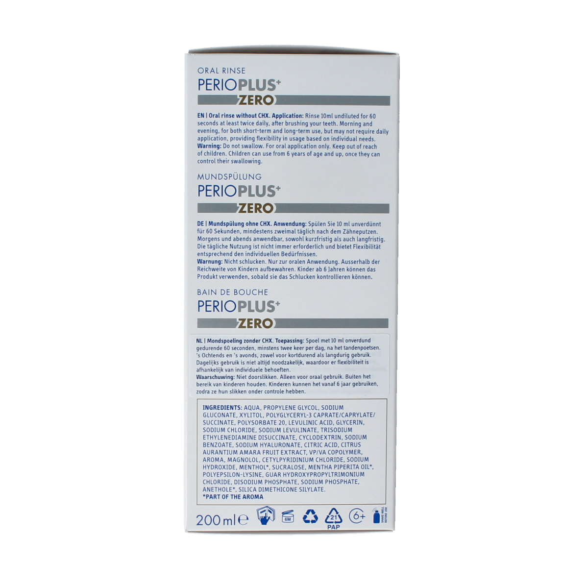 Curaprox Perio plus+ zero mouthwash in a 200ml bottle, alcohol-free oral hygiene product for healthy gums and fresh breath.