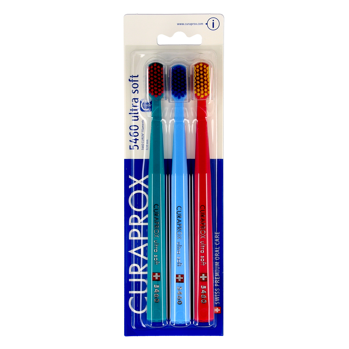 Set of three Curaprox CS 5460 ultra soft toothbrushes with colorful handles, designed for gentle and effective oral cleaning.