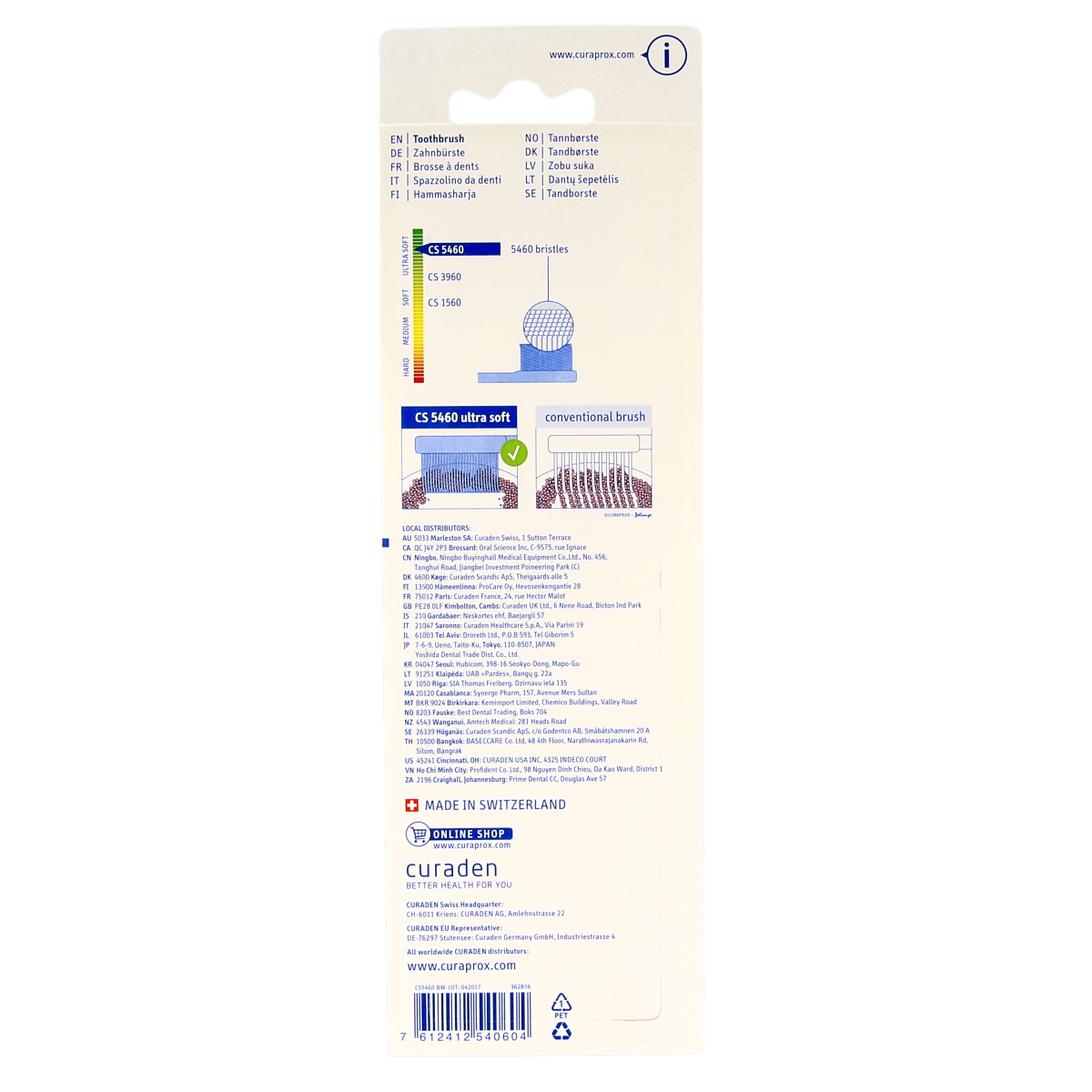 Set of three Curaprox CS 5460 ultra soft toothbrushes, ideal for gentle cleaning and oral health care.