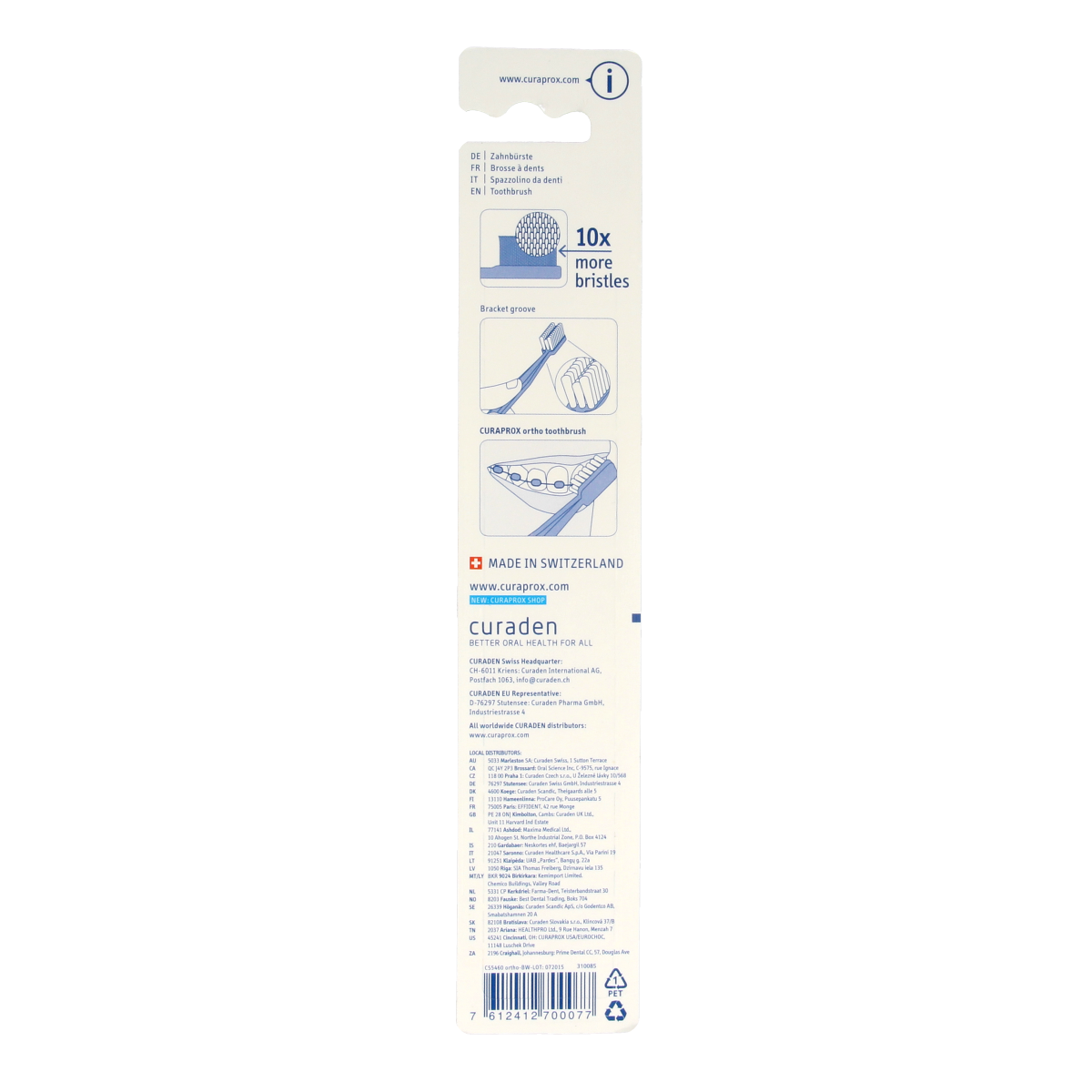 Curaprox CS Ortho Ultra Soft toothbrush with soft bristles designed for orthodontic and sensitive teeth cleaning.