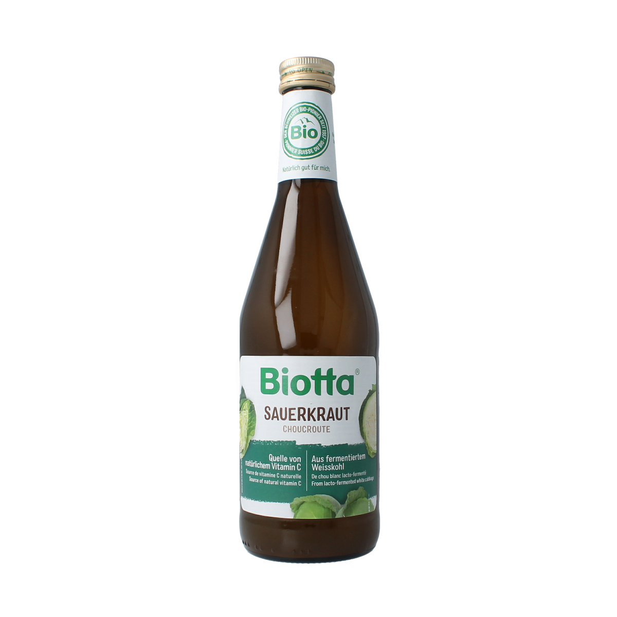 Biotta Zuurkoolsap organic fermented cabbage juice in a 500ml bottle, natural probiotic beverage with a cloudy appearance.