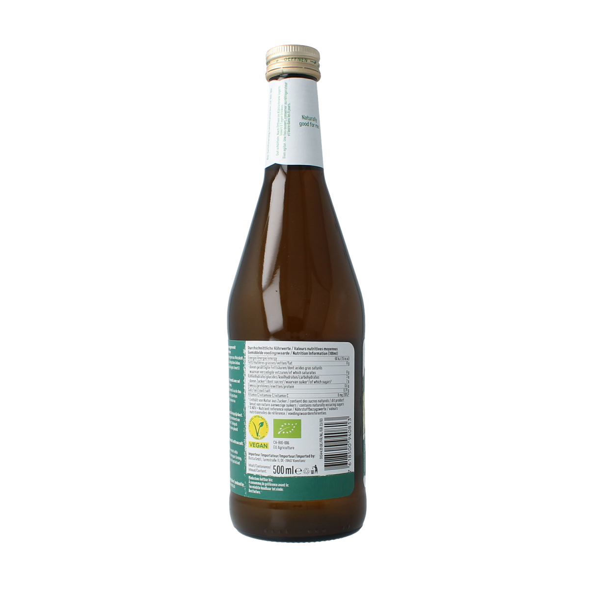 Biotta Zuurkoolsap bio in 500ml bottle, showing the label and cap, natural probiotic fermented cabbage drink.
