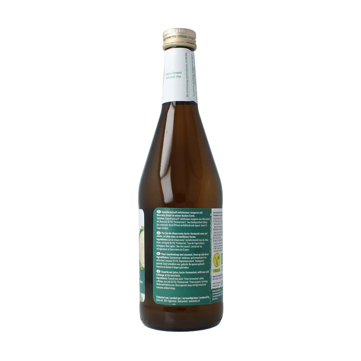 Biotta bio Zuurkoolsap in a 500ml bottle, showing the label and glass filled with fermented cabbage drink.