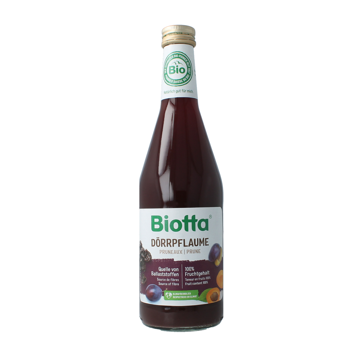 Biotta Pruimensap bio juice bottle, 500ml, featuring fresh citrus fruit images on the label