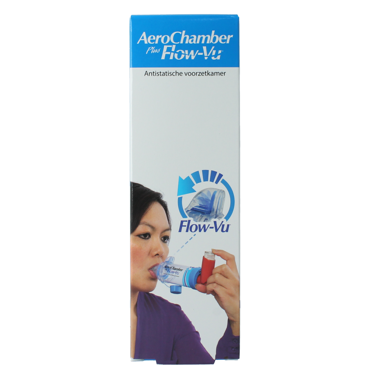 Blue Diversen Aerochamber + flow VU mouthpiece for inhalation, designed for effective airway therapy.