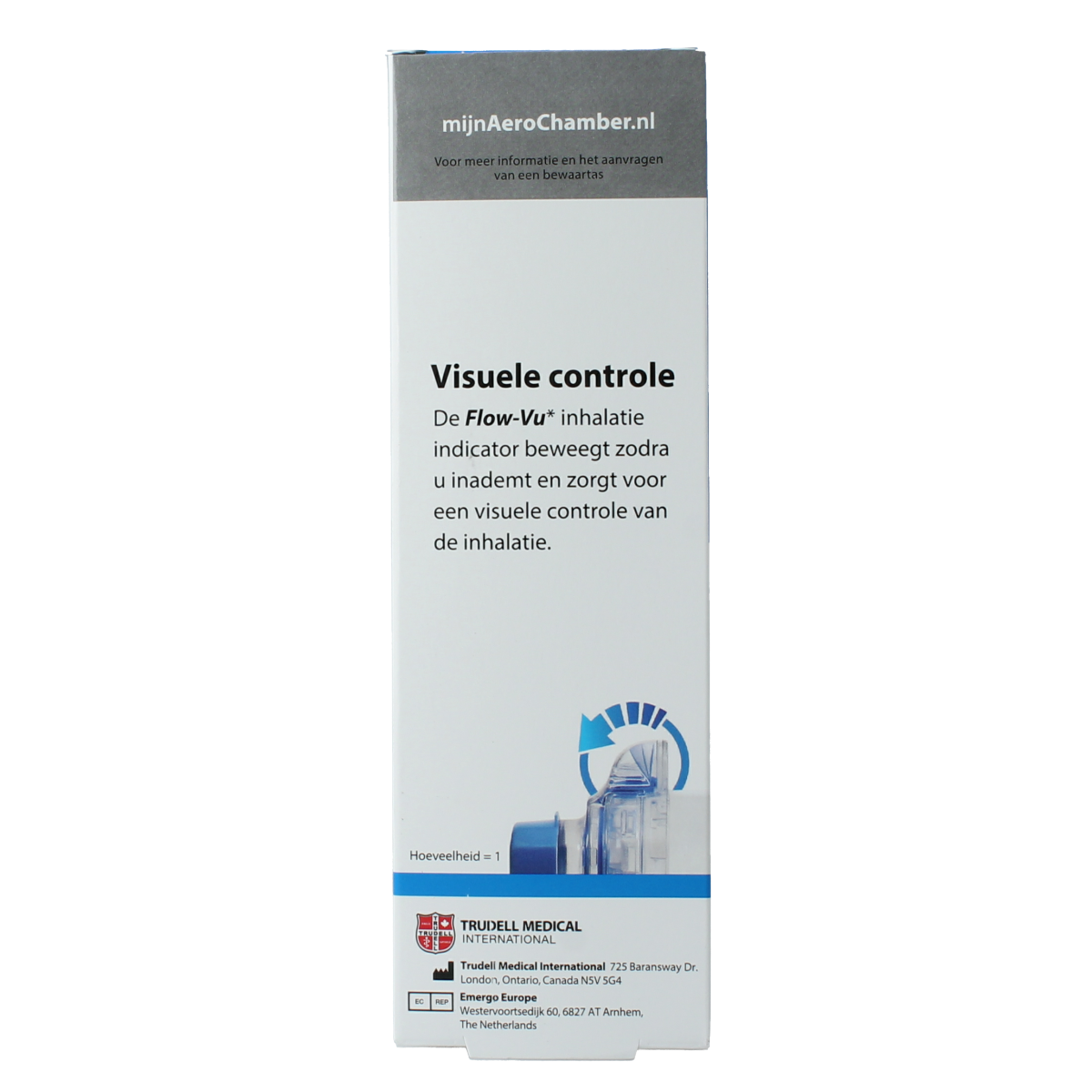 Diversen Aerochamber with blue flow VU mouthpiece for respiratory use, shown in image.