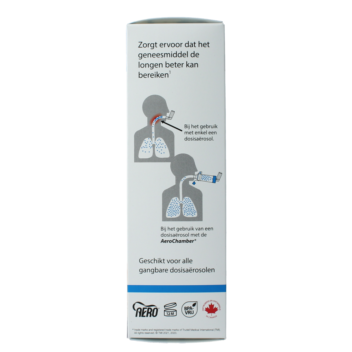 Diversen Aerochamber with blue flow VU mouthpiece for respiratory use, shown in a clear image.
