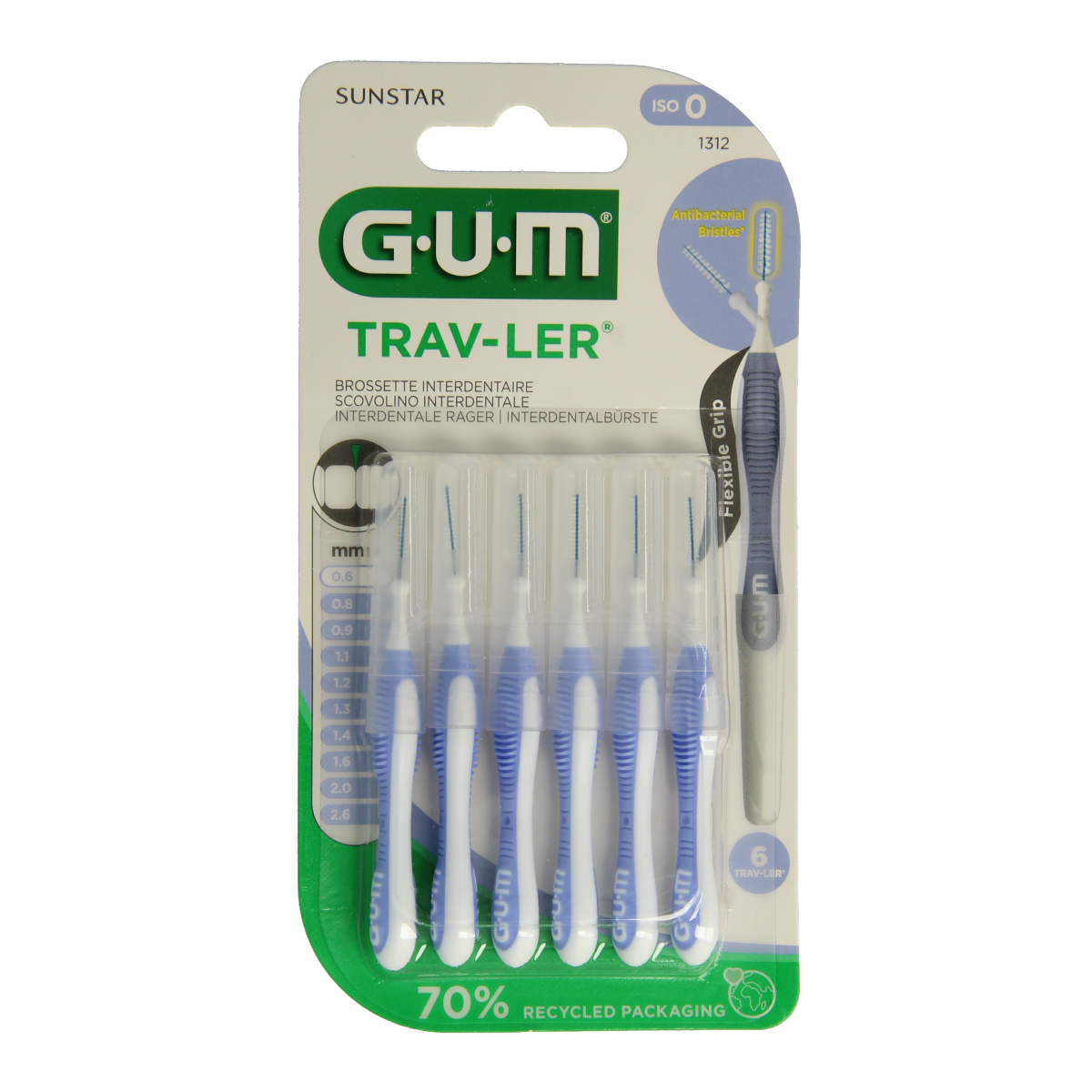 GUM Trav-ler rager 0.6 mm lavender pack of 6, dental interdental cleaner and flossers for effective gum cleaning