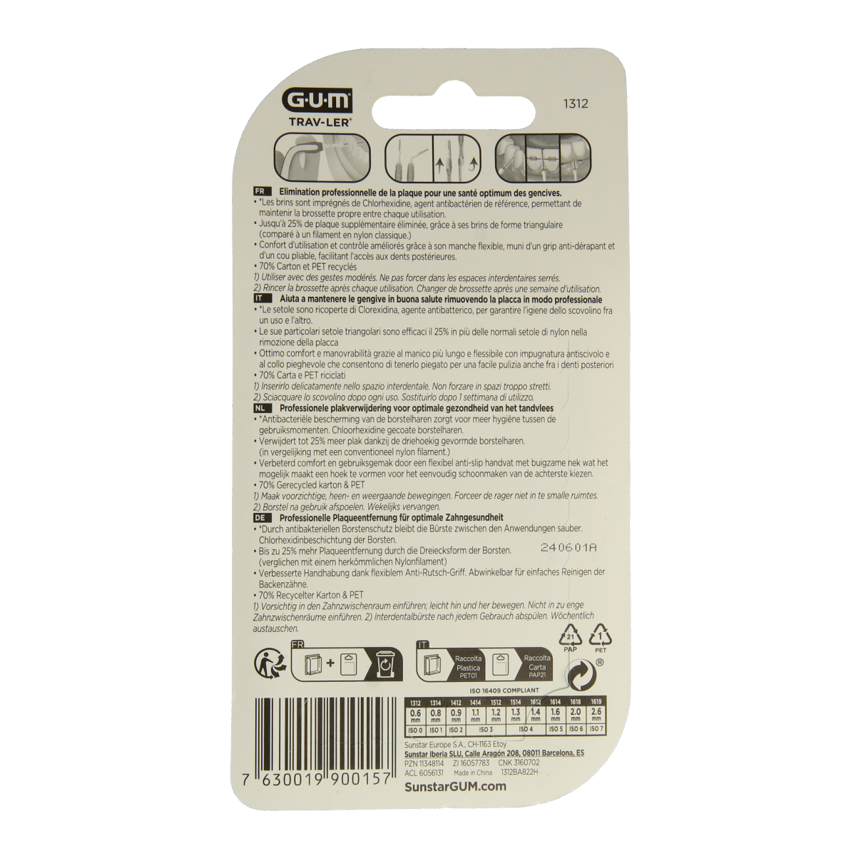 GUM Trav-ler rager 0.6 mm lavender dental floss picks, 6-pack, for effective interdental cleaning.