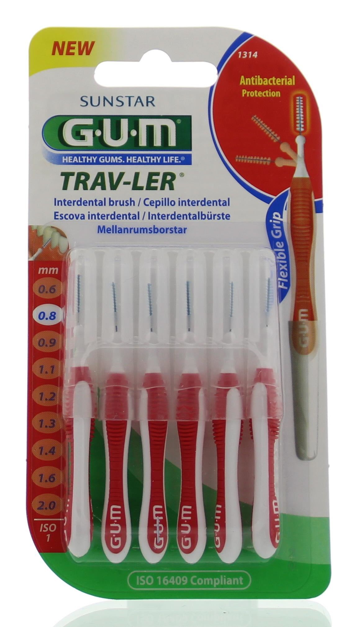 GUM Trav-ler rager 0.8 mm red pack of 6, dental interdental cleaners and flossers for effective gum cleaning.