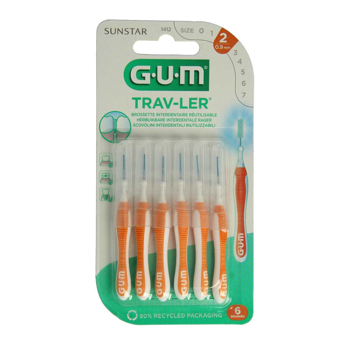 GUM Trav-ler rager 0.9 mm orange pack of 6, dental cleaning tool for interdental spaces and gum health.