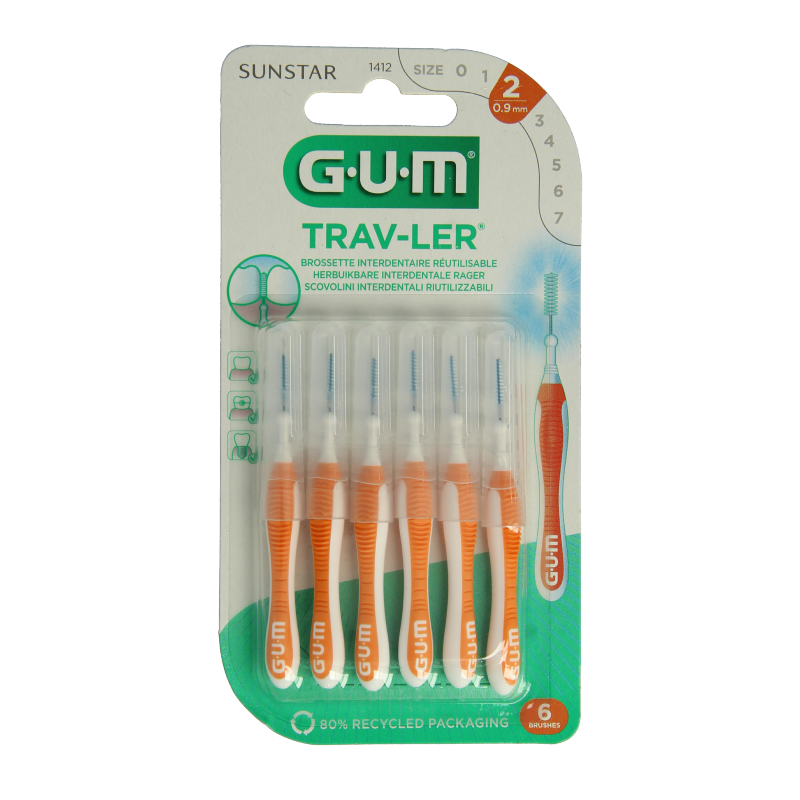 GUM Trav-ler rager 0.9 mm orange dental interdental cleaners, 6 pieces for effective plaque removal and gum health.