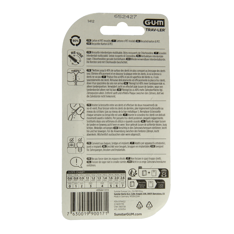 Set of six GUM Trav-ler rager 0.9 mm orange interdental cleaners for effective plaque removal and gum health.