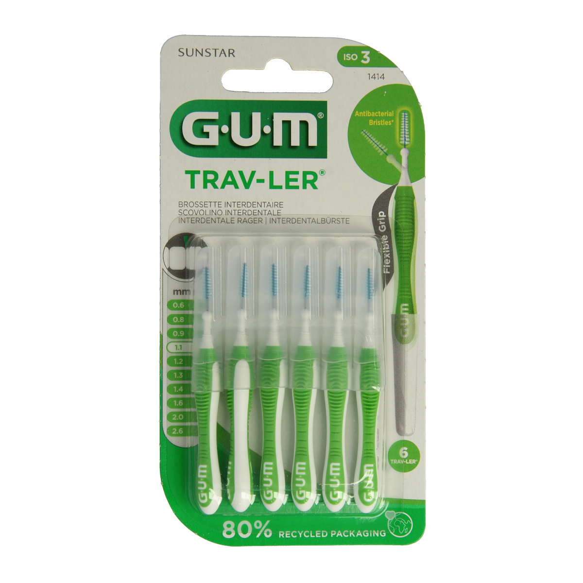 GUM Trav-ler rager 1.1 mm green dental floss picks, 6-pack, designed for effective plaque removal and oral hygiene.