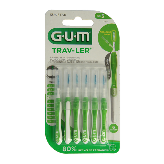GUM Trav-ler rager 1.1 mm green dental floss picks, 6-pack, designed for effective plaque removal and oral hygiene.