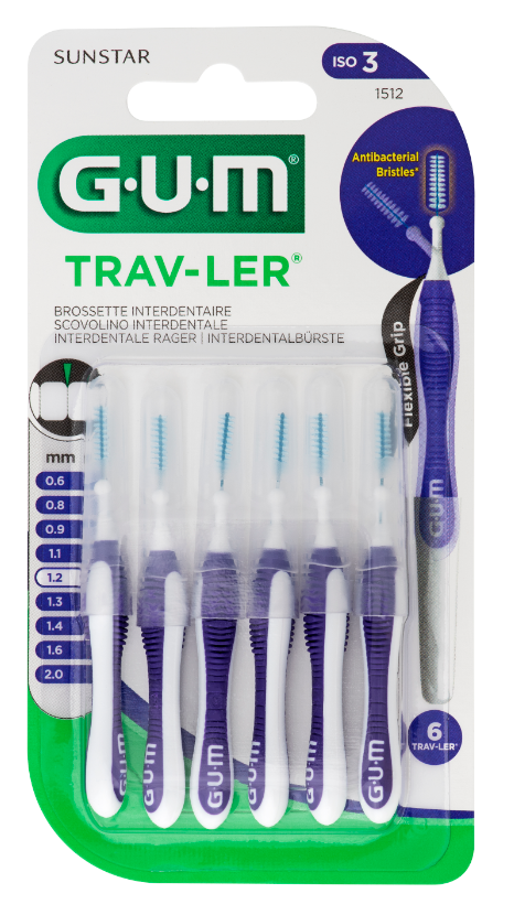 GUM Trav-ler ragers 1.2 mm paars, mondhygiëne en poetscontrole, set van 6 stuks voor effectief tandvleesverzorging