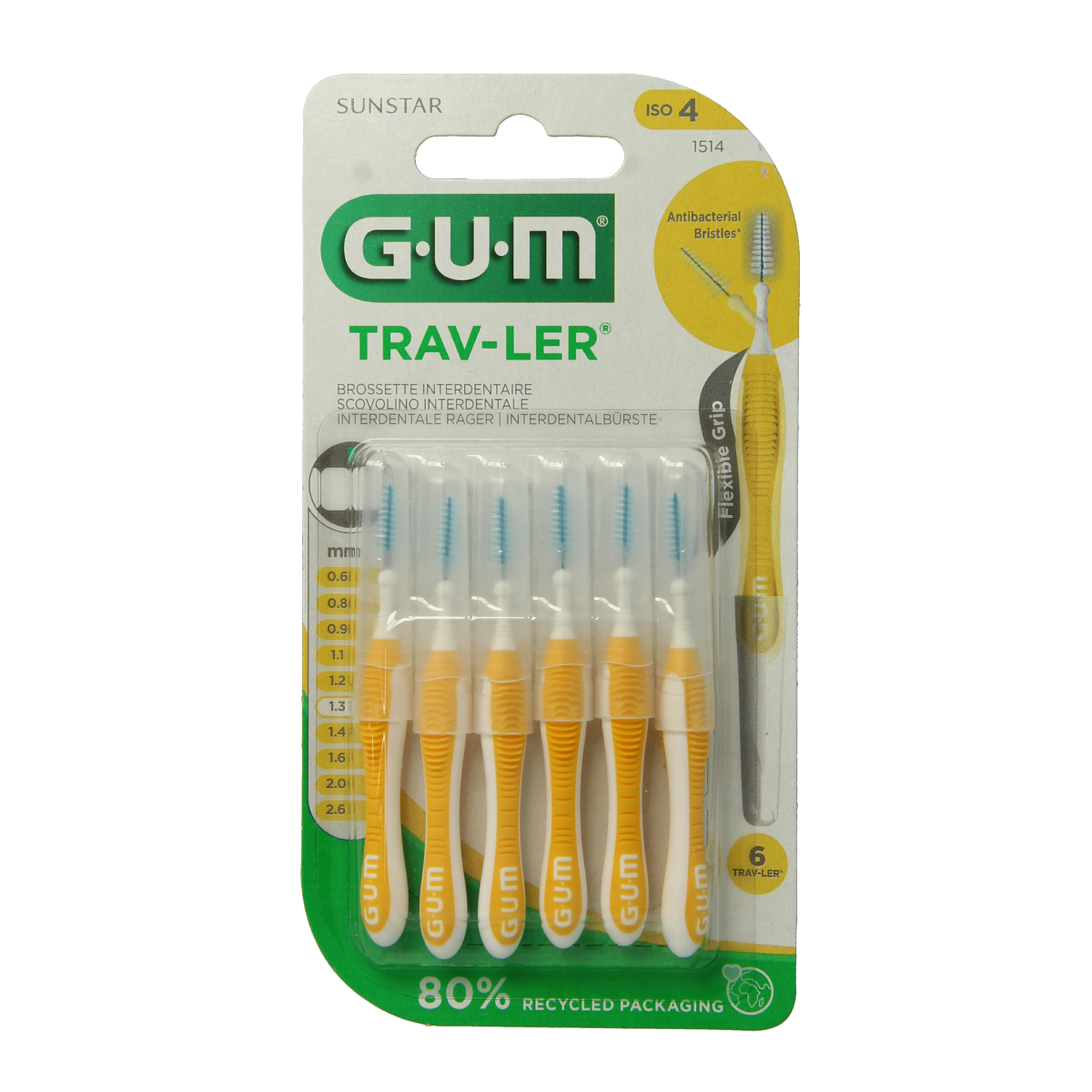 GUM Trav-ler rager 1.3 mm yellow pack of 6 dental flossers and interdental cleaners with ergonomic handle for effective cleaning