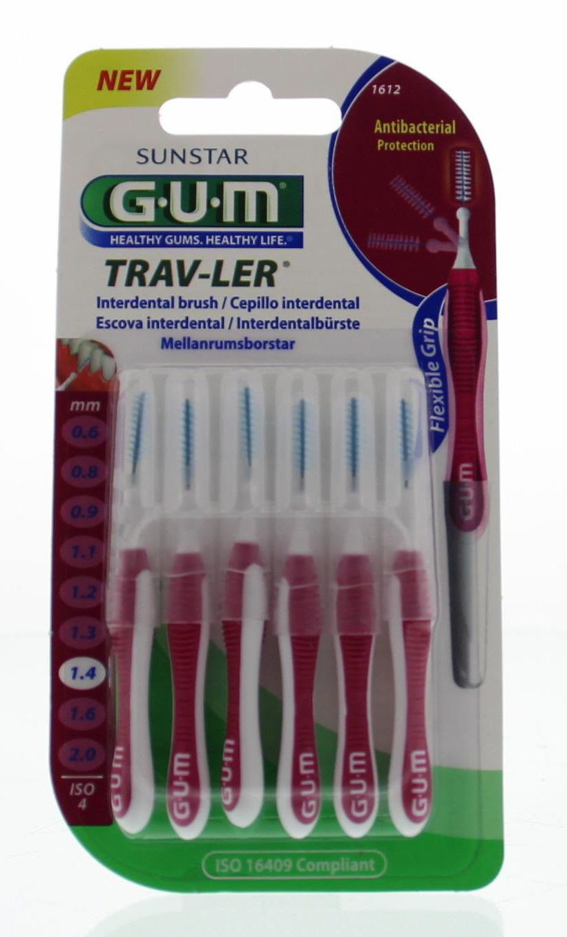 GUM Trav-ler ragers 1.4mm for oral hygiene and brushing control, six-pack of dental cleaning tools.