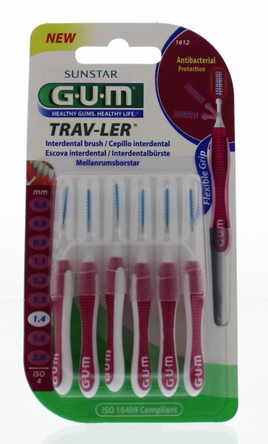 GUM Trav-ler ragers 1.4mm for oral hygiene and brushing control, six-pack of dental cleaning tools.