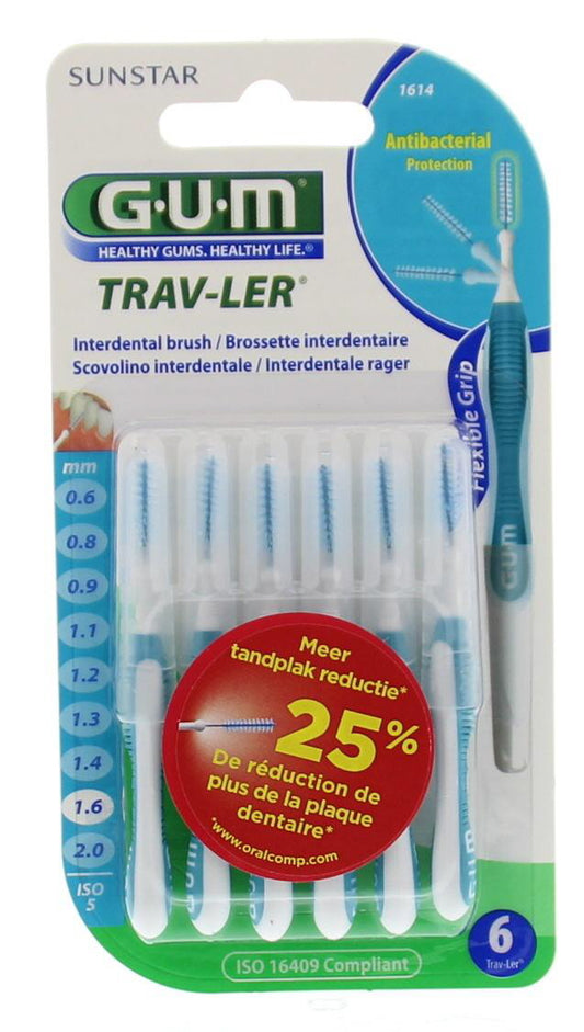 GUM Trav-ler rager 1.6 mm blue teeth cleaner sticks, 6-pack, for effective interdental cleaning.