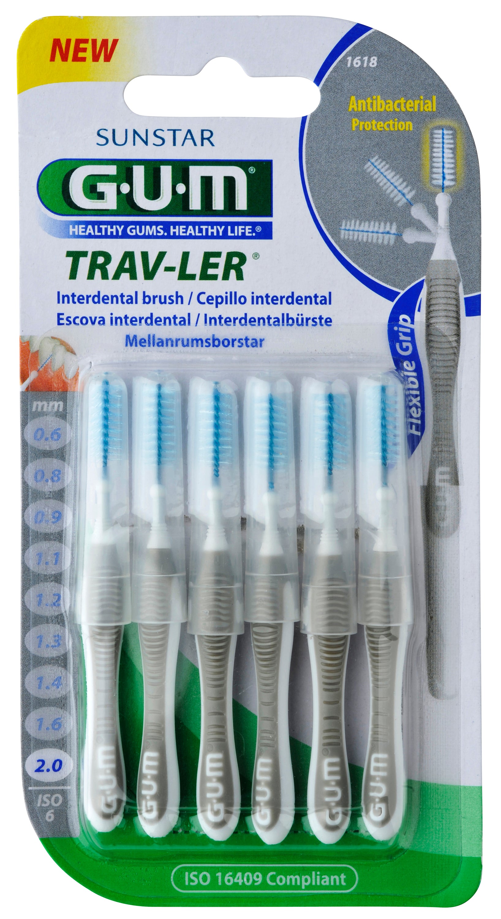Set of six GUM Trav-ler rager 2.0 mm gray interdental cleaners for effective plaque removal and oral hygiene.