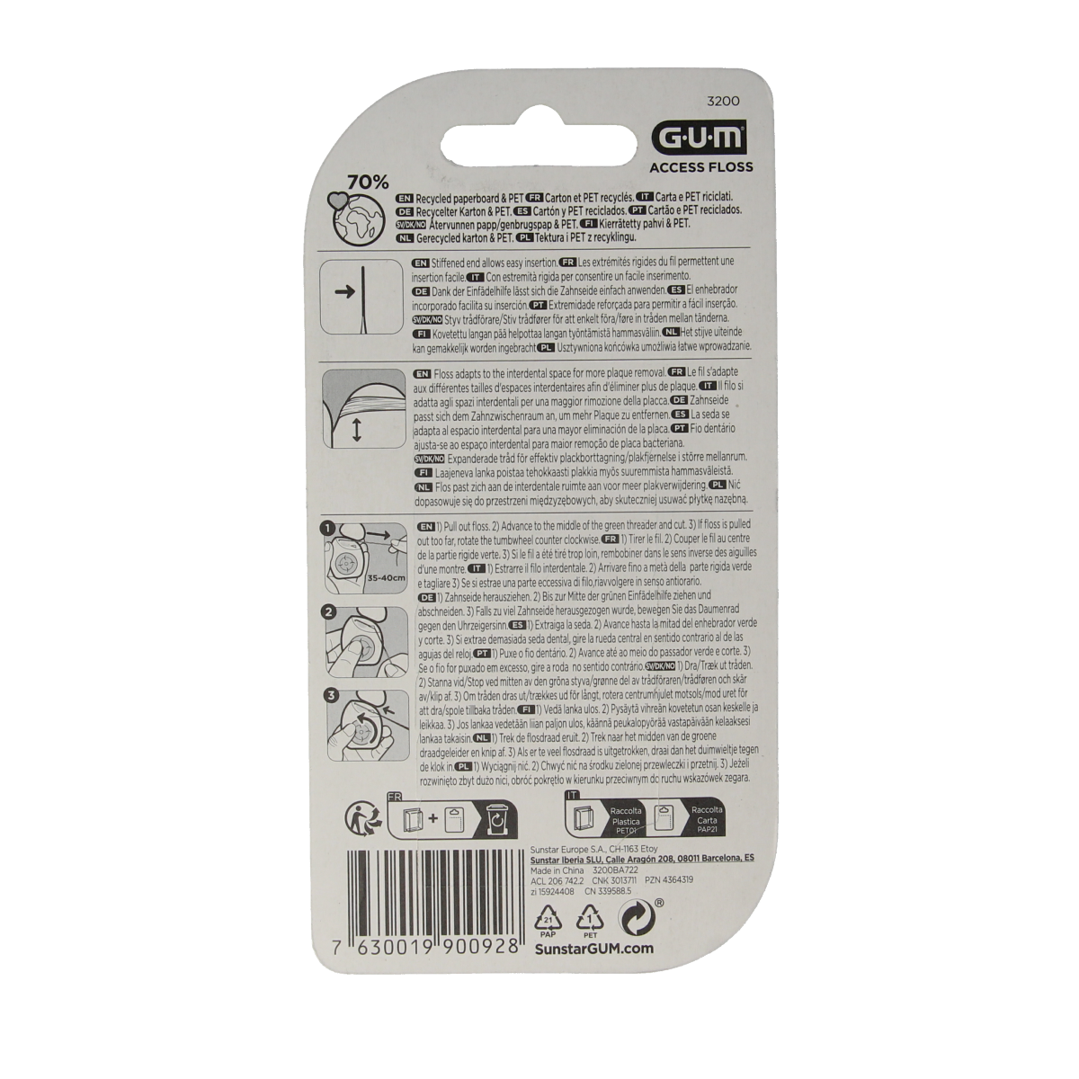 GUM Access floss and dental picks, 50 pieces, in a plastic container, designed for oral cleaning and interdental care.