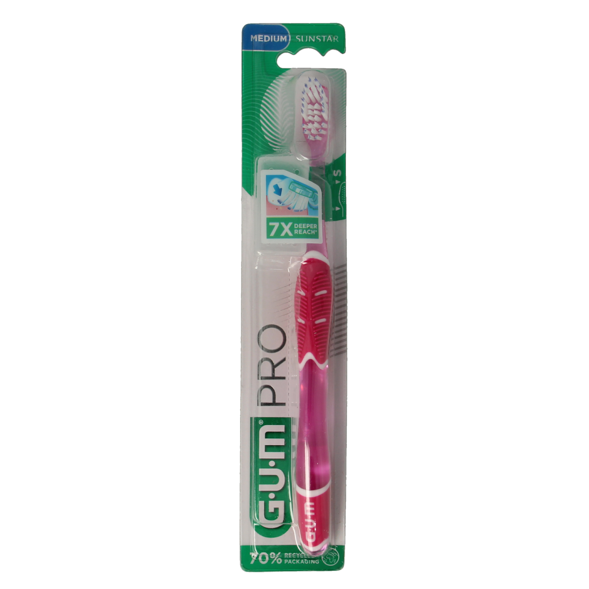 GUM Technique Pro Medium toothbrush showing soft bristles and ergonomic handle for effective oral cleaning.